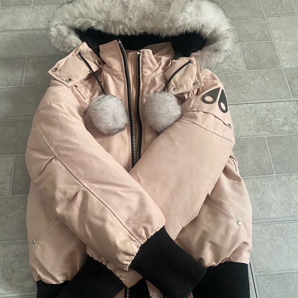 Moose Knuckles Blush Pink Puffer Jacket with Faux Fur Hood